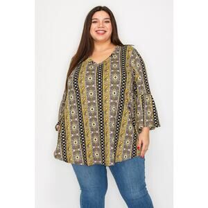 060 Curvy Lovey V-Neck Paisley Multi Print Tunic Top With Ruffle Sleeves Yellow